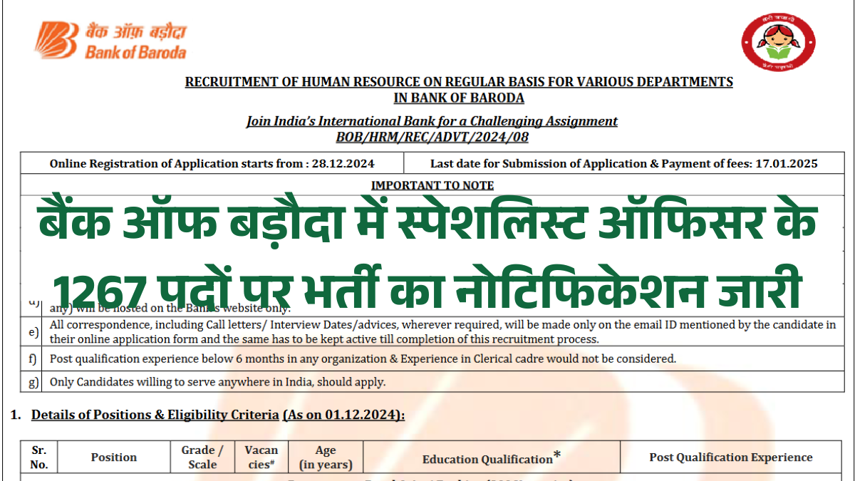 Bank of Baroda SO Vacancy